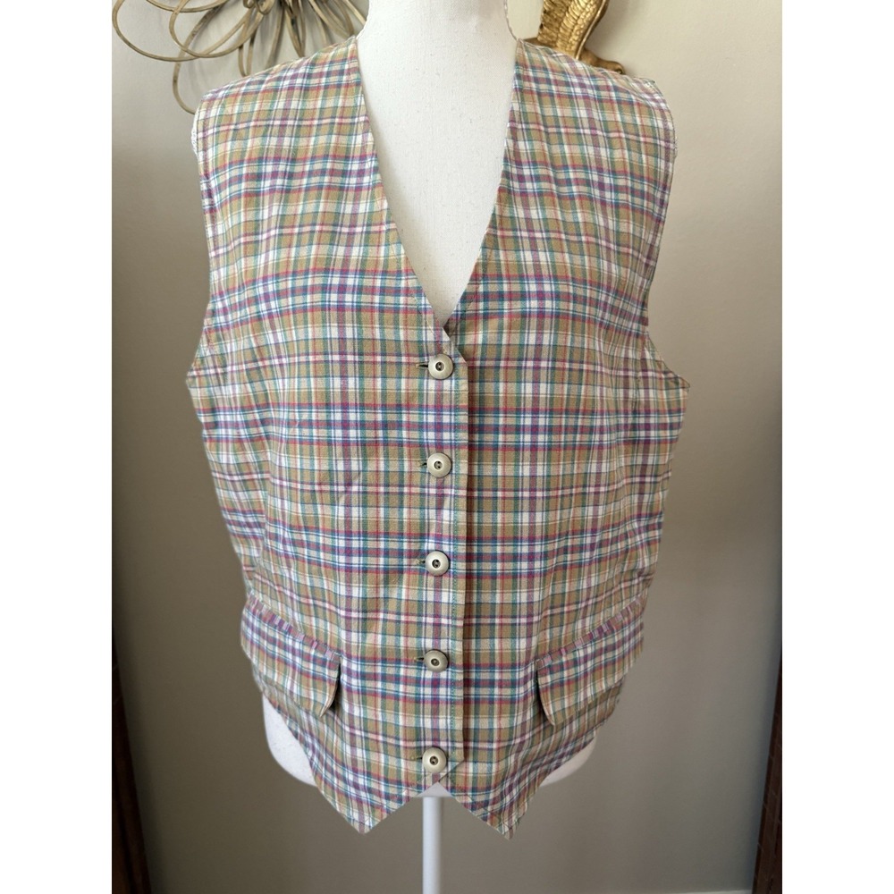 Vintage Liz Claiborne Sport Plaid Vest Womens M Tan Multicolor Preppy 90s